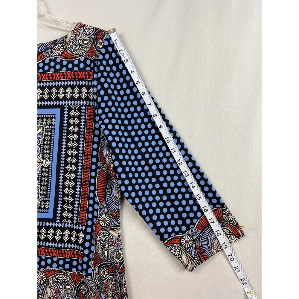 Charter Club Tunic Top Women Large Blue Red Paisley Polka Dot Stretch 3/4 Sleeve